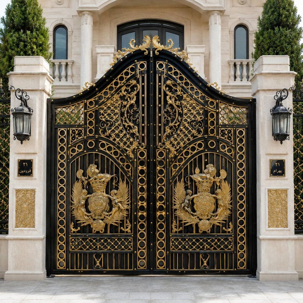قیمت درب پارکینگ مشکی طلایی آنتیک در برابر طلایی روشن