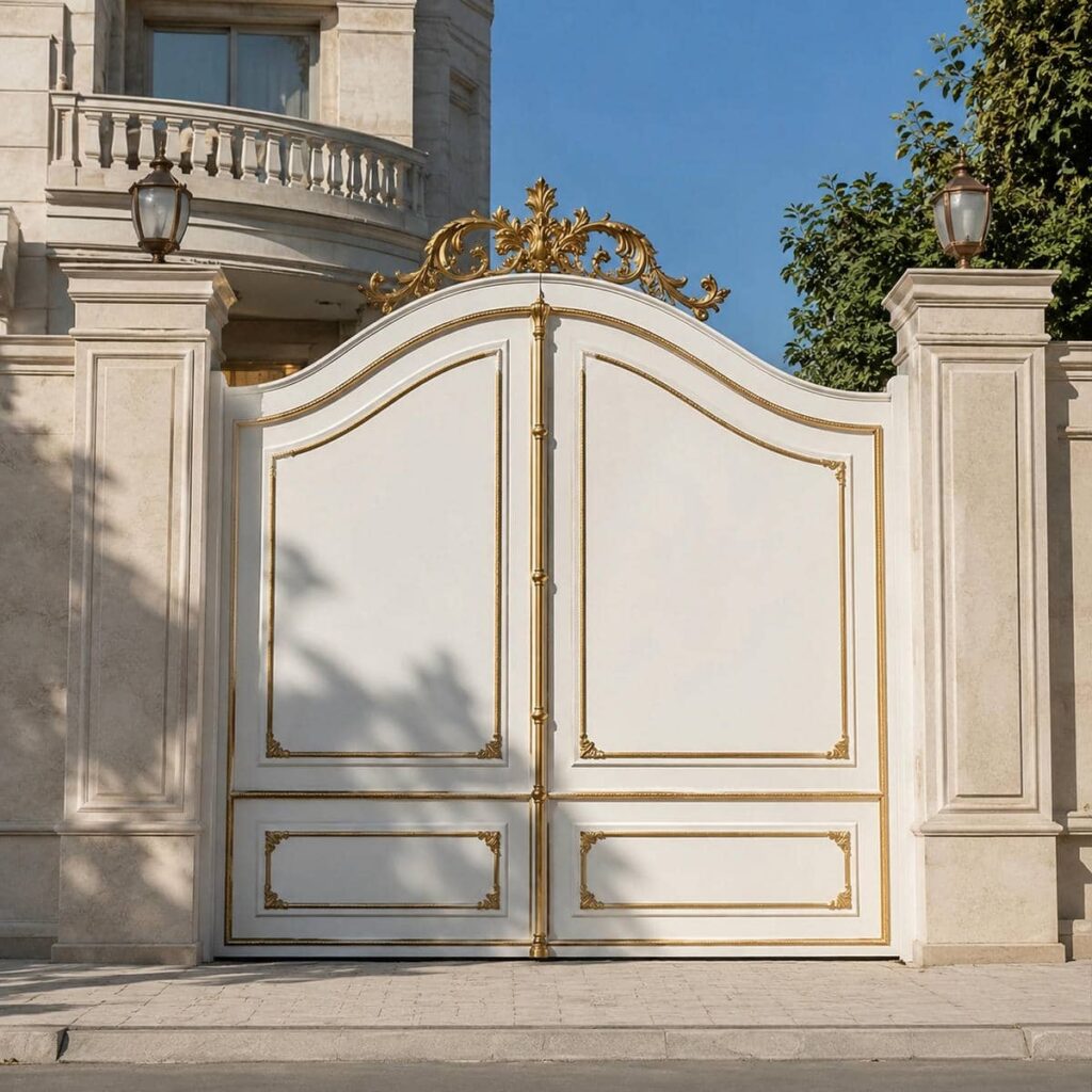 خرید درب حیاط سفید طلایی با پنل مشبک
