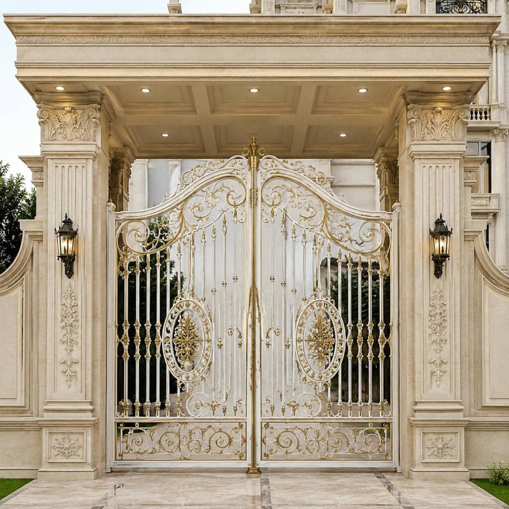 ساخت درب ساختمان فرفورژه گل دار با گل دست‌ساز