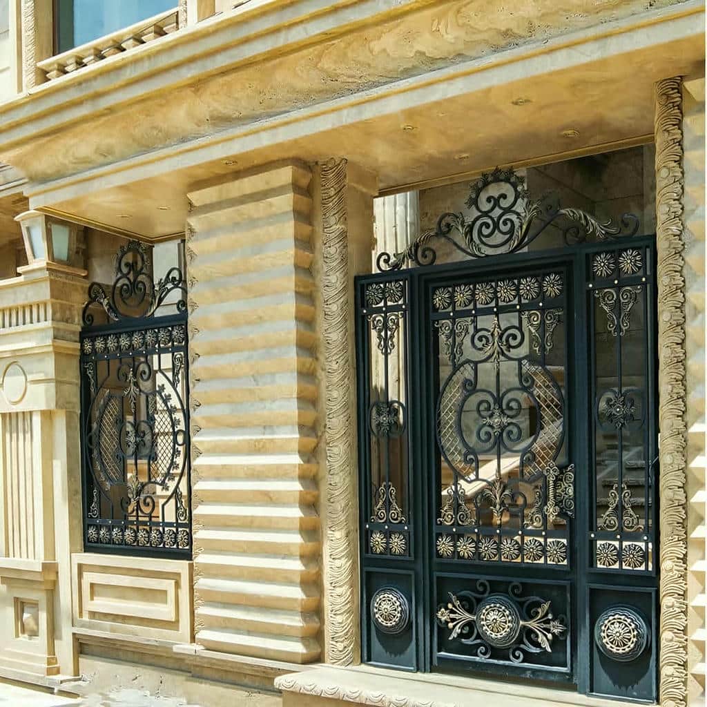 خرید درب ساختمان مدرن نمای سنگ با پنل لیزری