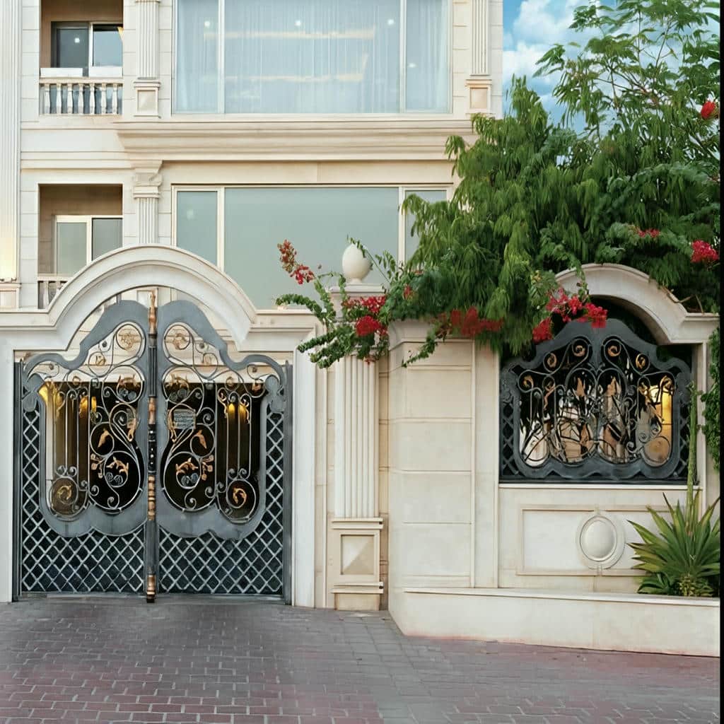 درب فلزی حیاط با جزئیات فرفورژه